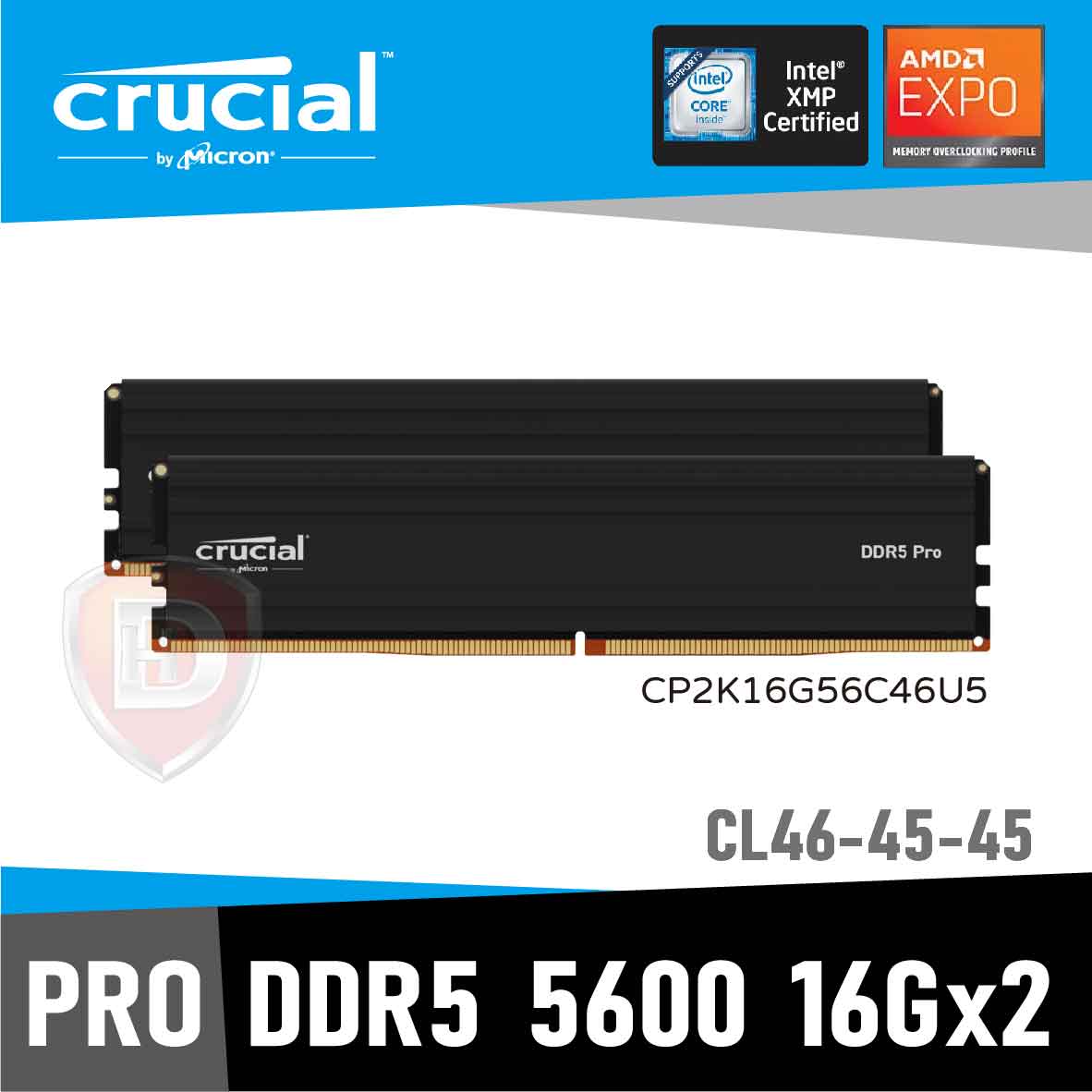 美光 32GB(雙通16GB*2) PRO DDR5-5600 (黑)(散熱片)
