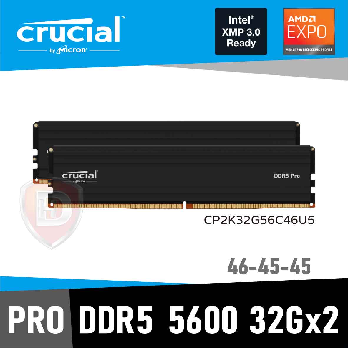 美光 64GB(雙通32GB*2) DDR5 5600/CL46 PRO(散熱片