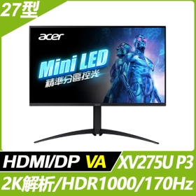 ACER XV275U P3(2H1P/2ms/VA/144Hz/無喇叭/FreeSync Premium)MiniLED
