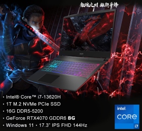 微星 17 B13VGK-1257TW(黑)i7-13620H/RTX4070/16G/1T/17吋