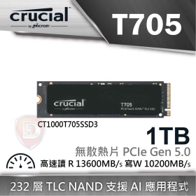 美光Micron Crucial T705 1TB PCI-E 5.0 M.2(無散熱片)(讀：13600M/寫：10200M)【五年保】