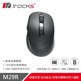 irocks M29r 三模滑鼠（黑）/有線-無線-藍牙/5000Dpi/靜音按鍵/專屬軟體設定/人體工學