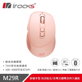 irocks M29r 三模滑鼠（粉）/有線-無線-藍牙/5000Dpi/靜音按鍵/專屬軟體設定/人體工學