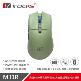 I-ROCKS M31R 三模滑鼠(英倫綠)/有線-無線-藍芽/26000Dpi/Kailh GM8.0微動/66g/PAW3395