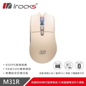 I-ROCKS M31R 三模滑鼠(奶茶色)/有線-無線-藍芽/26000Dpi/Kailh GM8.0微動/66g/PAW3395