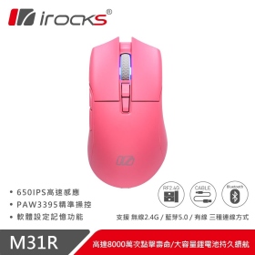 I-ROCKS M31R 三模滑鼠(粉紅)/有線-無線-藍芽/26000Dpi/Kailh GM8.0微動/66g/PAW3395