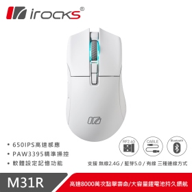 I-ROCKS M31R 三模滑鼠(白)/有線-無線-藍芽/26000Dpi/Kailh GM8.0微動/66g/PAW3395
