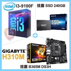 I3-9100F 加 技嘉 B365M DS3H(M-ATX/1A1D1H/註四年) 加 技嘉 SSD 240GB