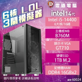 【Intel多開電競機】Intel 14代 6核LOL 3開模擬器 微星 i5-14400/B760M/GT710/16GB*2/1TB/550W/WIN 11(60024)