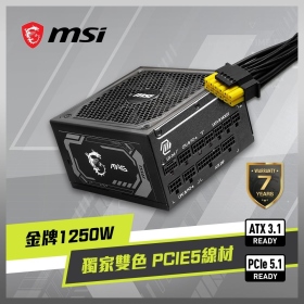 微星 MAG A1250GL PCIE5(ATX 3.1)雙8/金牌/全模組/7年保