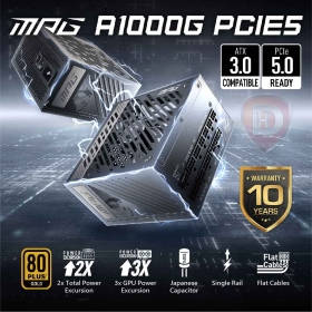 微星 MPG A1000G PCIE5 1000W(ATX 3.0)雙8/金牌/全模組/智慧溫控風扇/全日系/10年保
