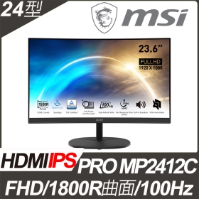 MSI PRO MP2412C〈1H1P/VA曲面/1500R/100Hz/含喇叭〉抗閃機種.低藍光.防眩光