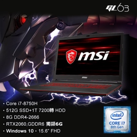 MSI GL63 8SE[219TW] i7-8750H/8G/512G1TB/2060 6G