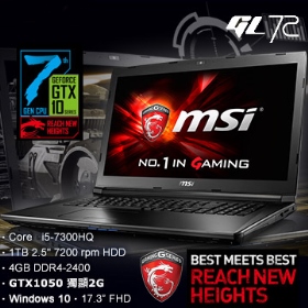 MSI 微星GL72 7RD-099TW(i5-7300HQ/4G/1TB/GTX1050/Win10)