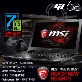 MSI微星 GL62-267 15吋電競筆電(i5-7300/GTX1050/1T/4G/FHD)