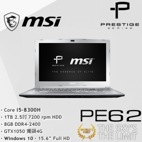 MSI PE62 8RC[255TW] i5-8300H/8G/1T HDD/1050-4G