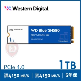 WD 藍標SN580 1TB/Gen4 PCIe*4/讀:4150M/寫:4150M/TLC【五年保】